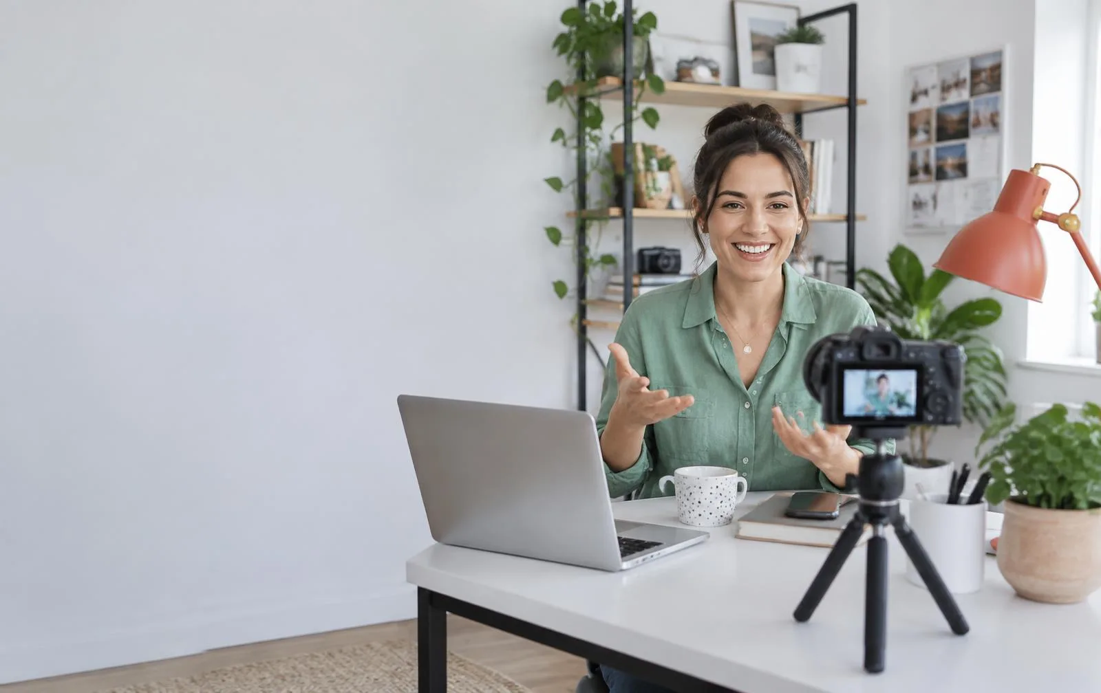 A consultant recording a personal video message at her desk